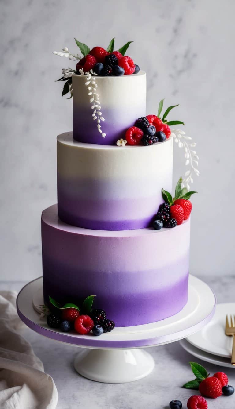 A stunning purple-themed cake with elegant gradients, adorned with juicy berries and delicate decorations