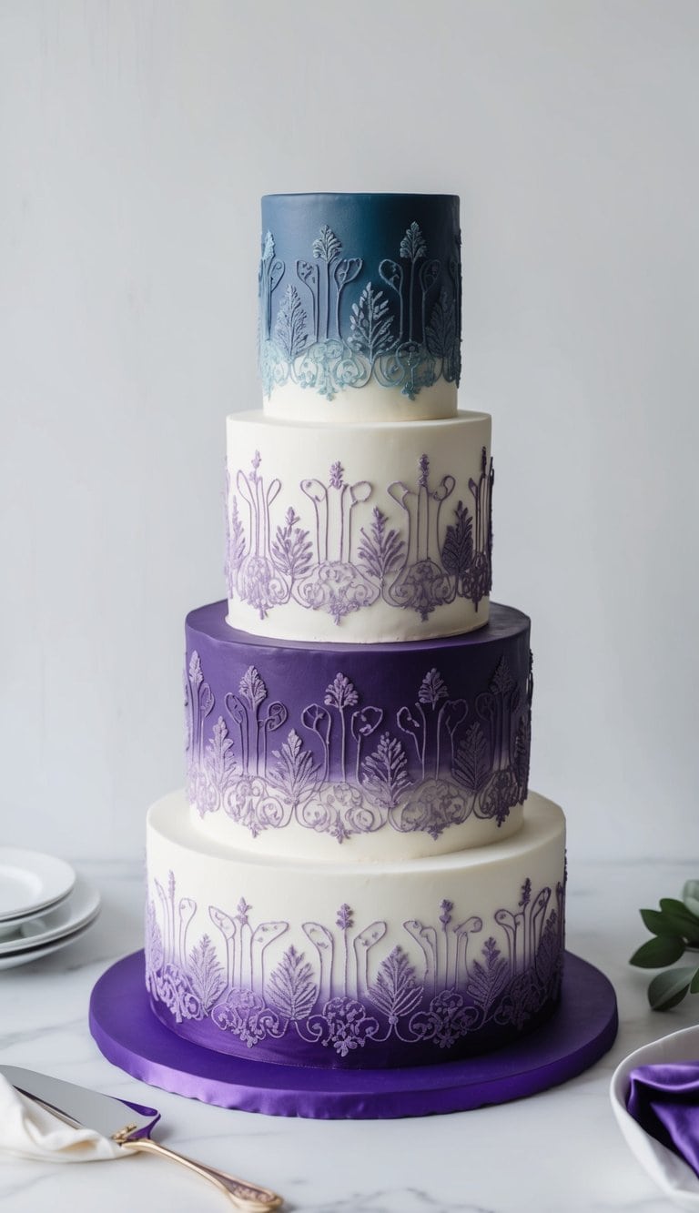 A three-tiered cake adorned with intricate purple embroidery designs, transitioning from dark to light shades, set against a clean, white backdrop
