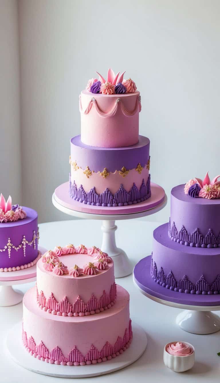 A table adorned with a variety of pink and purple cakes, each decorated with vibrant and feminine designs