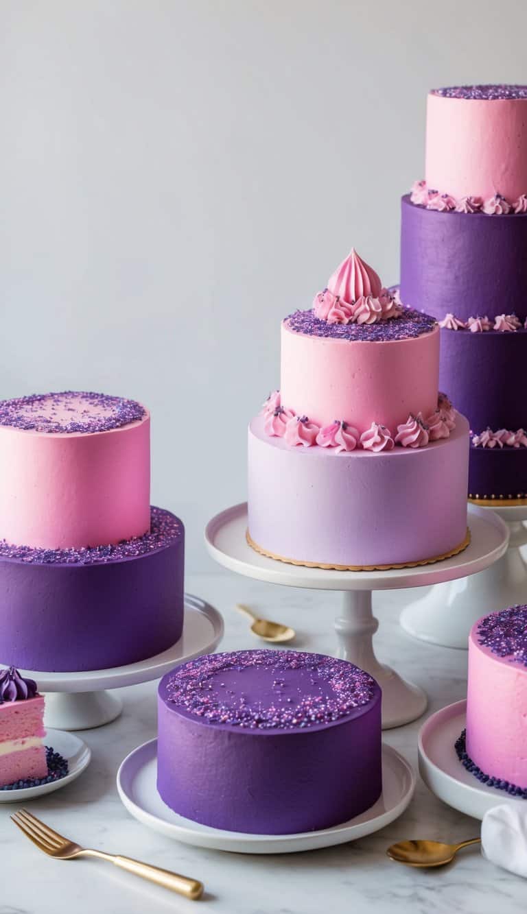 A table filled with vibrant pink and purple cakes adorned with sparkling amethyst sprinkles