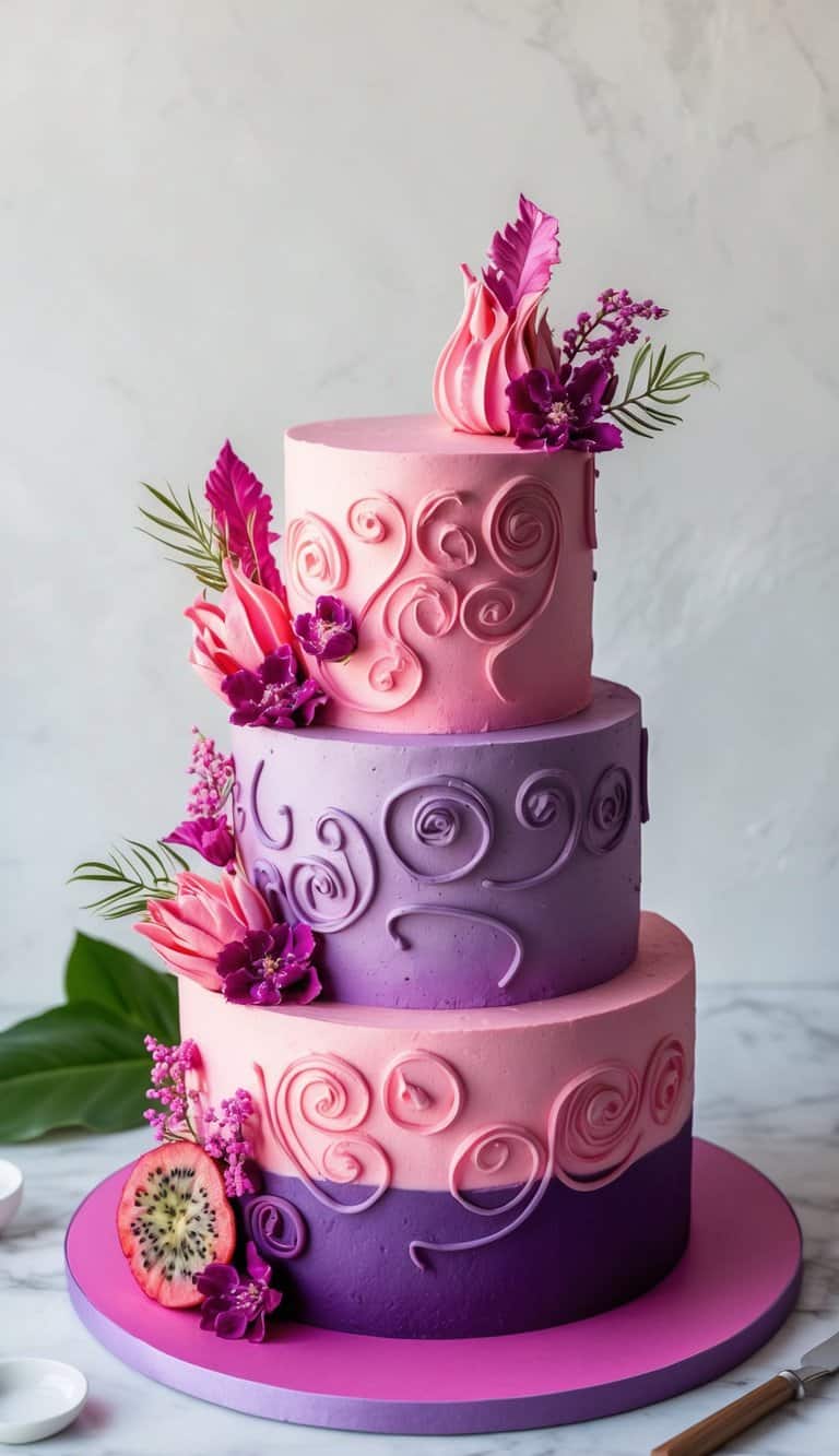 A vibrant pink and purple layered cake with dragonfruit flavor, adorned with decorative swirls and floral designs