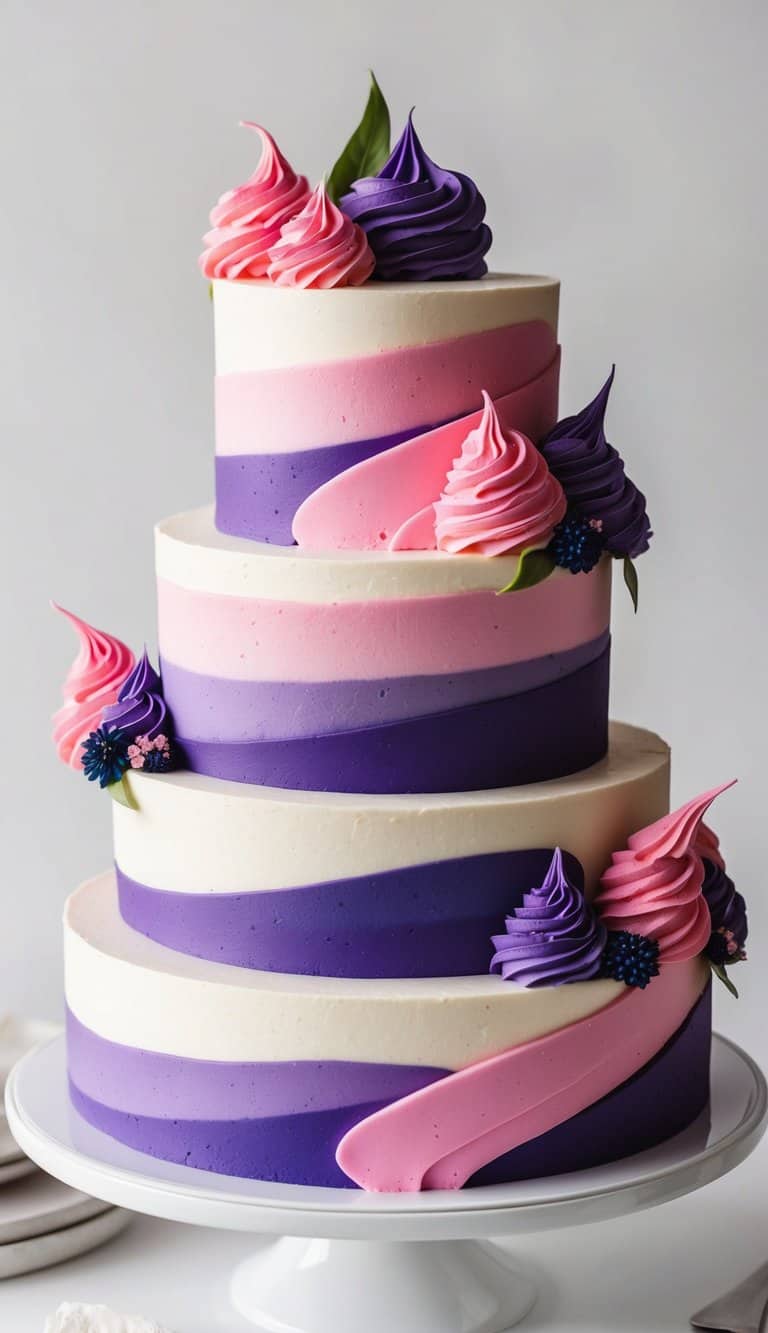A whimsical swirl design cake adorned with vibrant pink and purple frosting and decorative accents
