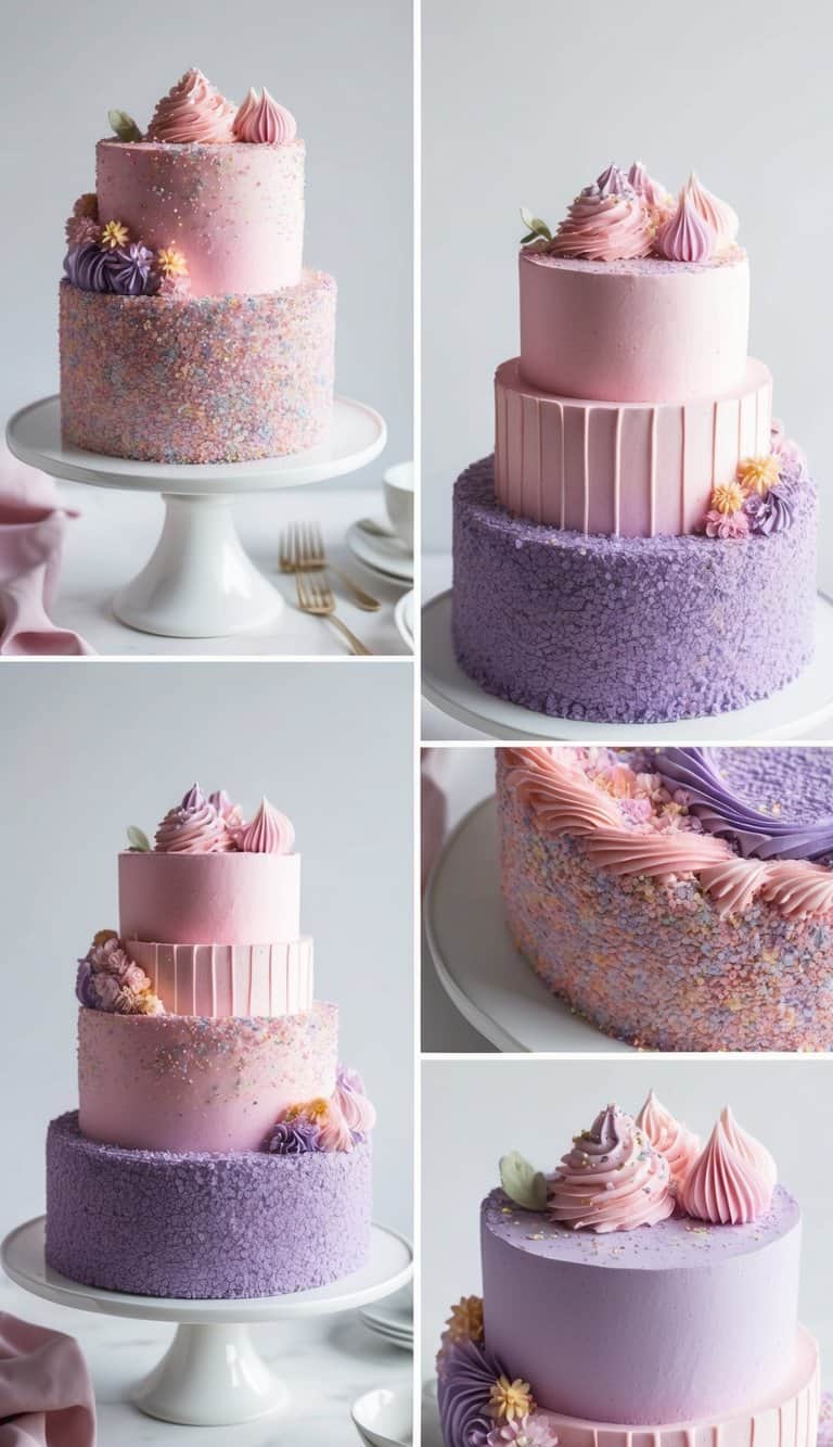 A colorful array of pink and purple cakes being adorned with delicate pastel sugar sprinkles