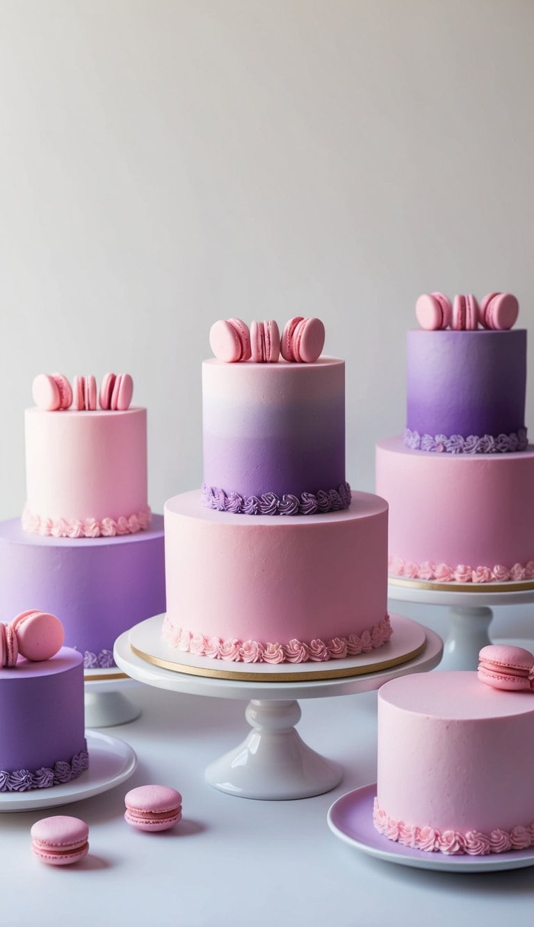 A display of pink and purple cakes adorned with delicate pink macaroon accents, creating a feminine and vibrant dessert spread