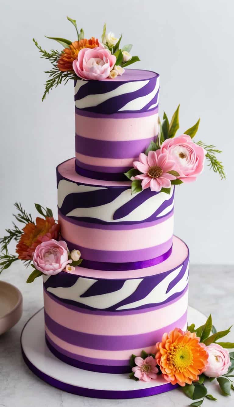 A tiered cake with alternating pink and purple fondant zebra stripes, adorned with vibrant floral decorations