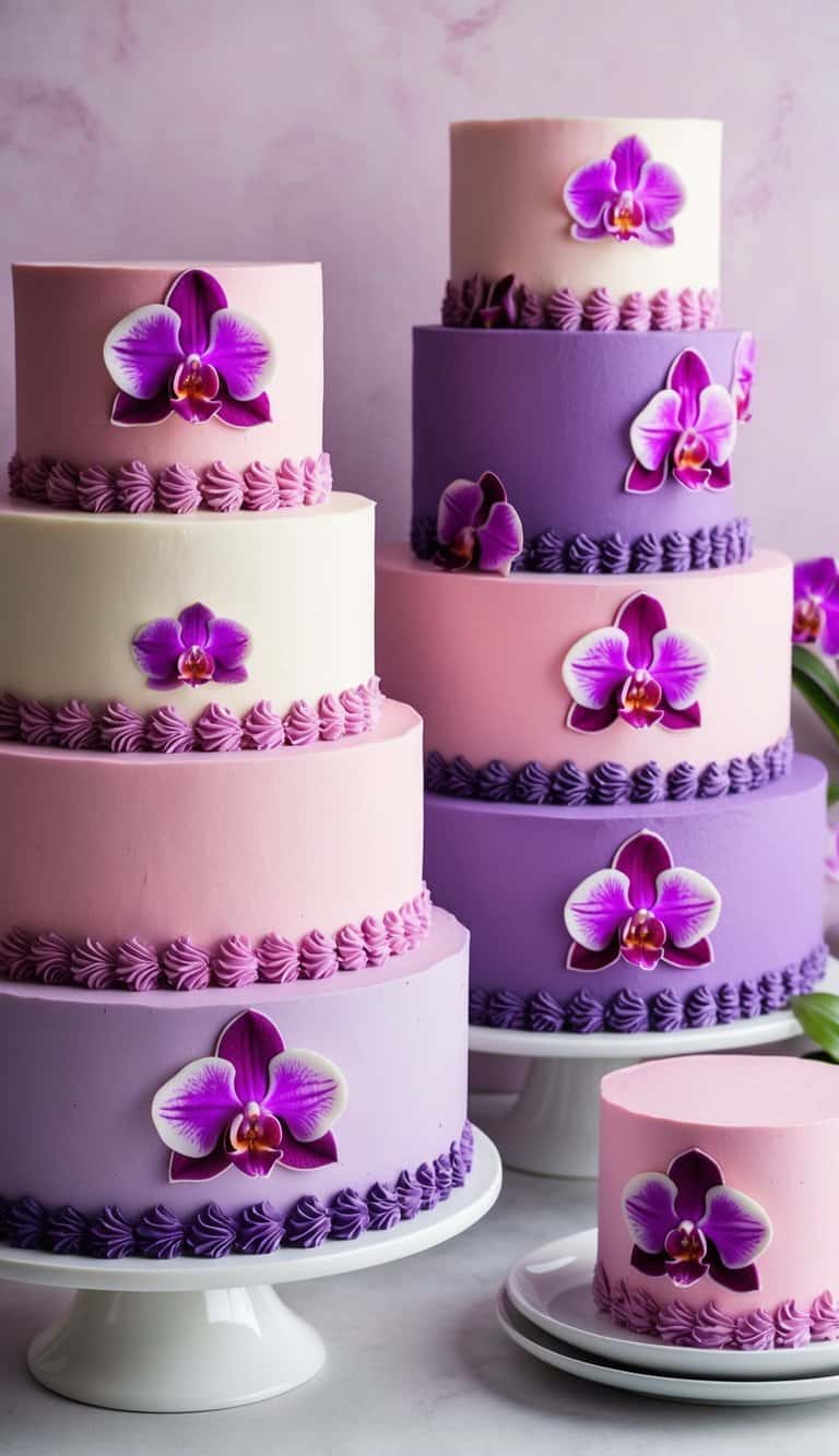 A display of 60 pink and purple cakes adorned with edible prints of purple orchids, creating a feminine and vibrant scene