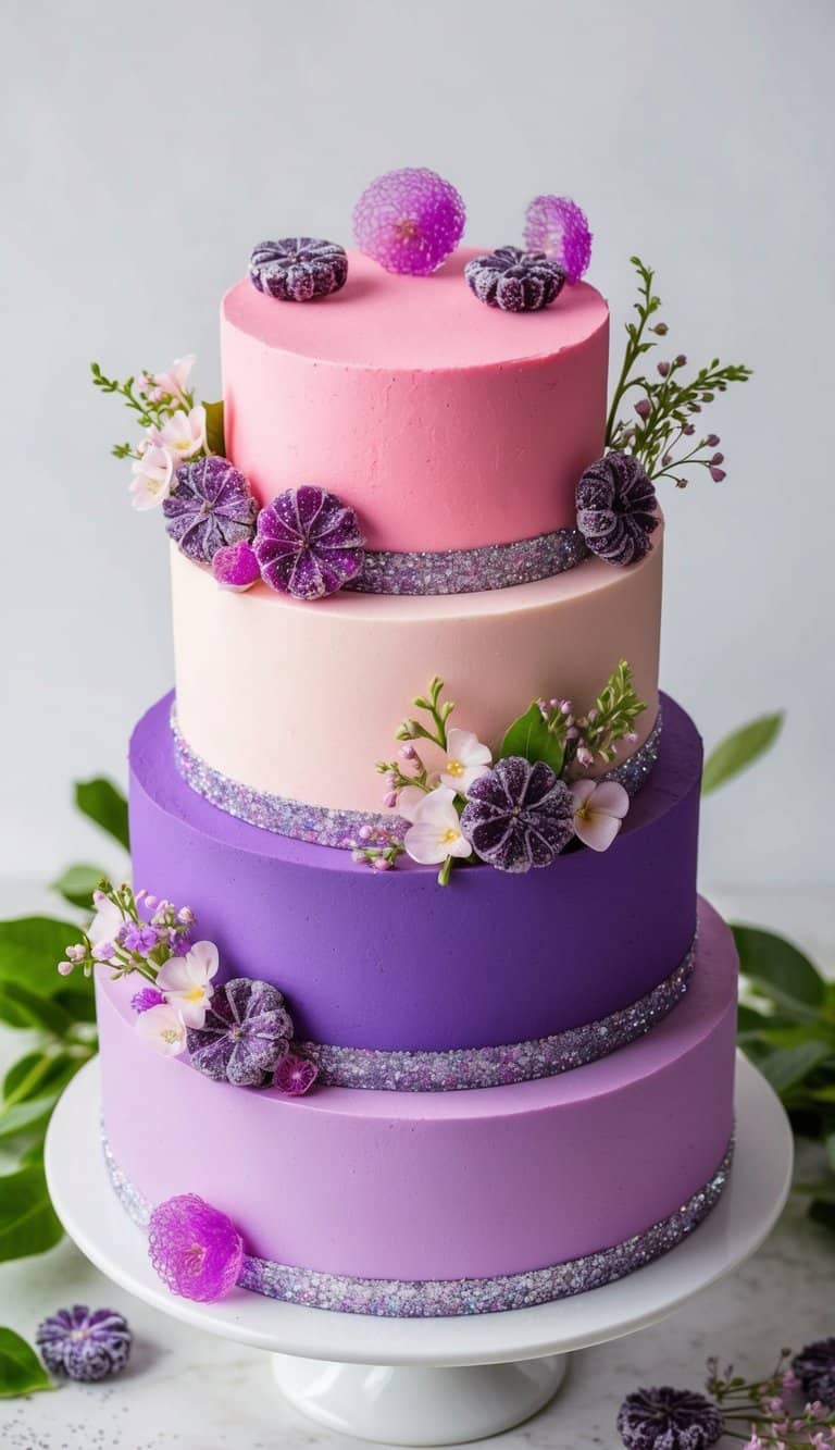 A vibrant pink and purple cake adorned with festive candied violets, surrounded by delicate floral decorations and shimmering edible glitter