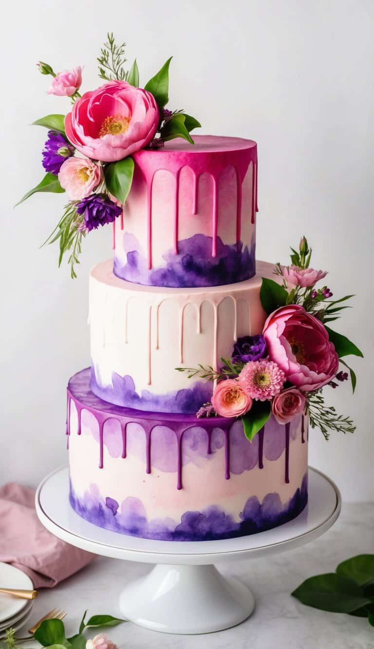 A tiered pink and purple watercolor cake with vibrant floral decorations