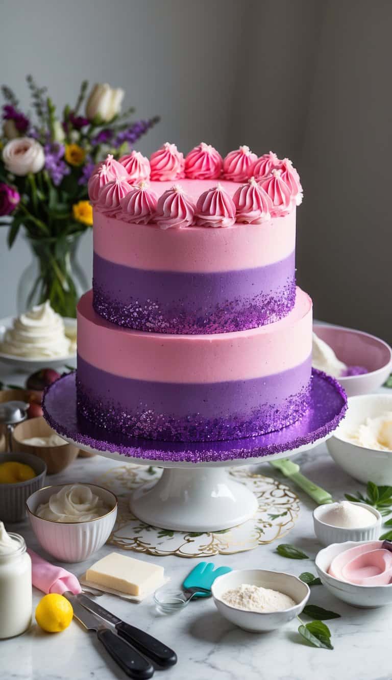 A vibrant pink-and-purple cake with glittery edging stands on a decorated table, surrounded by various cake decorating tools and ingredients