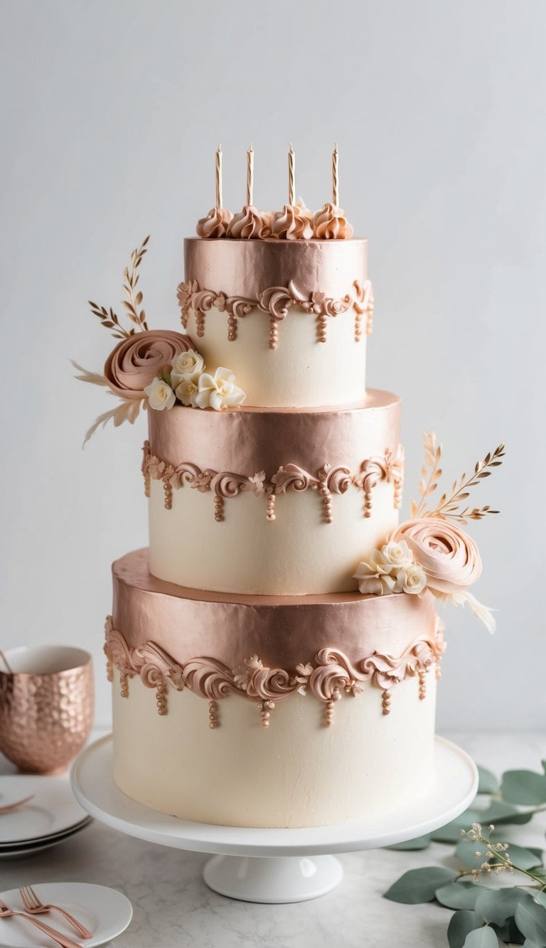 A three-tiered birthday cake adorned with rose gold buttercream swirls and elegant decorations