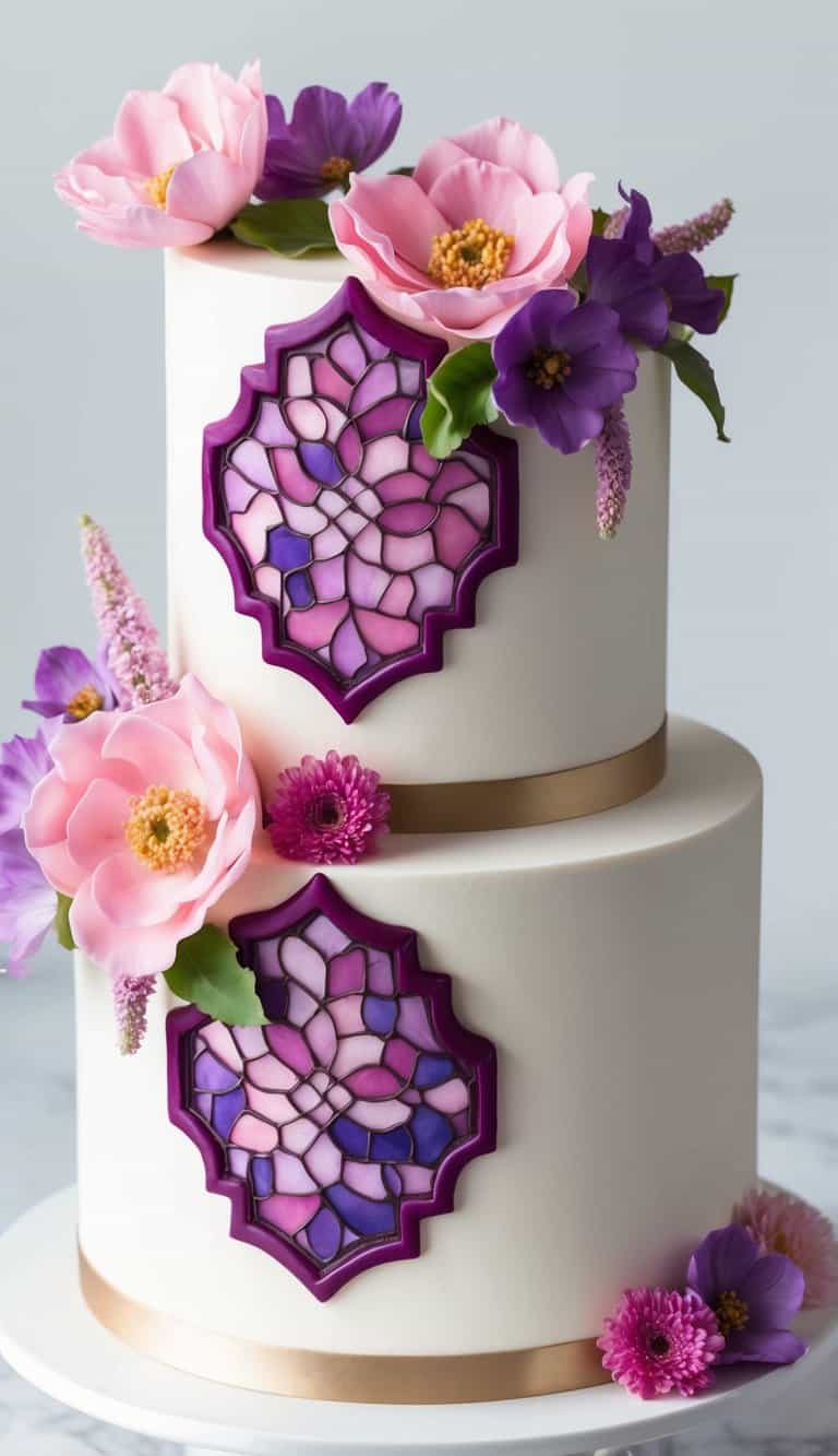 A tiered cake adorned with pink and purple flowers, creating a stained glass effect
