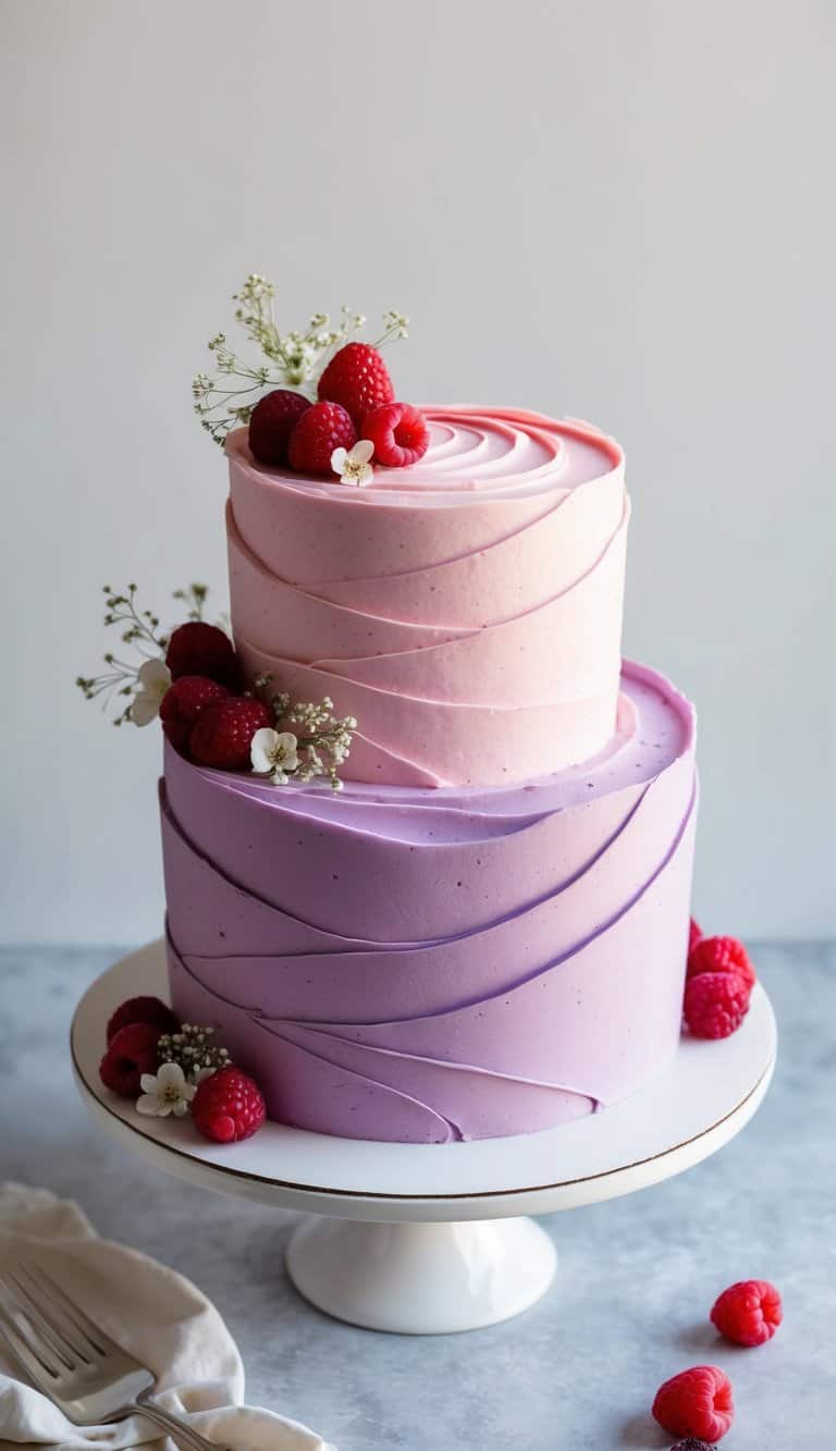 A two-tiered cake with swirling pink and purple buttercream frosting, adorned with raspberries and delicate floral decorations