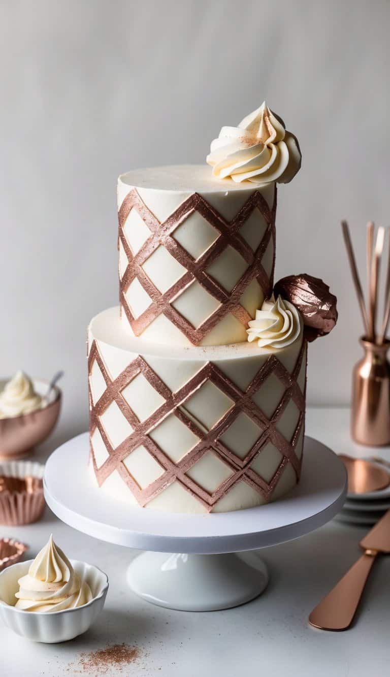 Elegant rose gold geometric patterns adorn a birthday cake, shimmering with luster dust