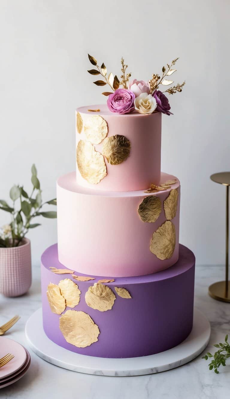 A tiered pink-and-purple cake adorned with edible gold leafing and floral decorations
