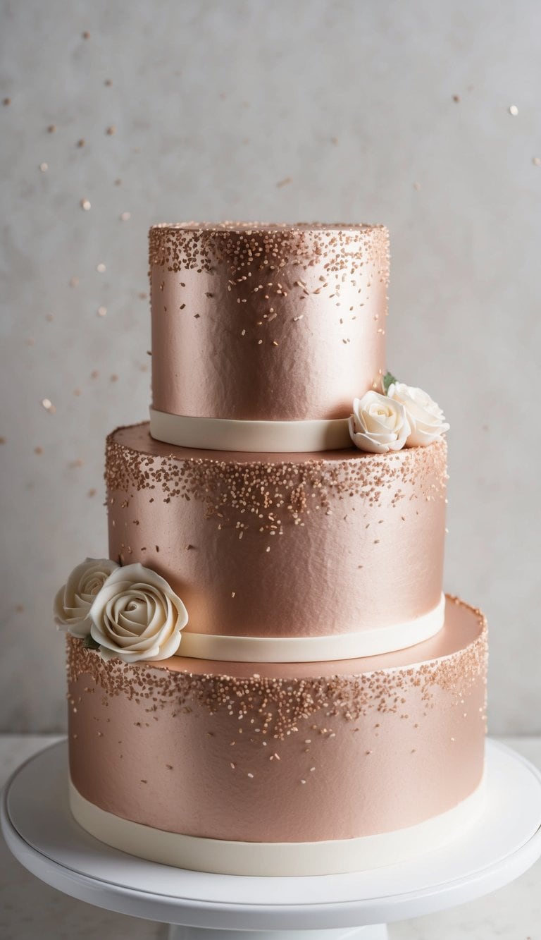 A rose gold cake adorned with delicate sprinkle confetti, exuding elegance and trendiness