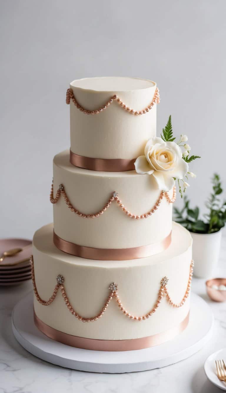 A three-tiered birthday cake adorned with rose gold pearls and elegant detailing