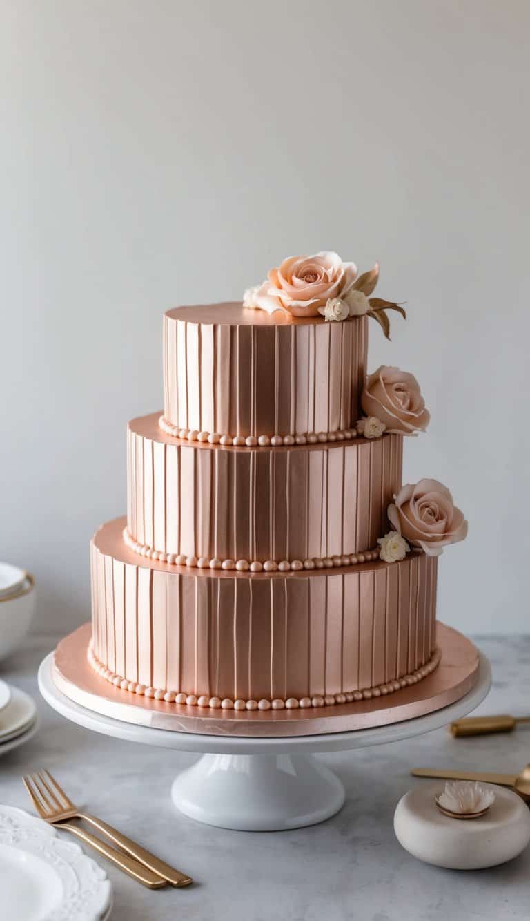 A chic rose gold cake adorned with elegant stripes and trendy decorations