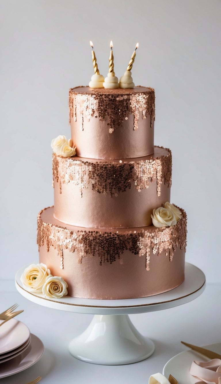 A rose gold birthday cake adorned with edible sequins sparkles elegantly