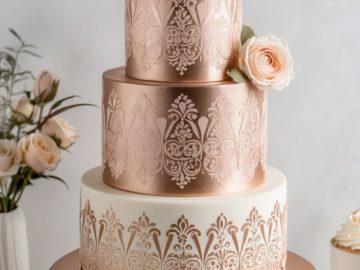 A three-tiered cake with intricate rose gold patterns and white detailing, topped with a single rose and greenery. It sits on a white cake stand surrounded by plates, cutlery, and a vase with matching roses.
