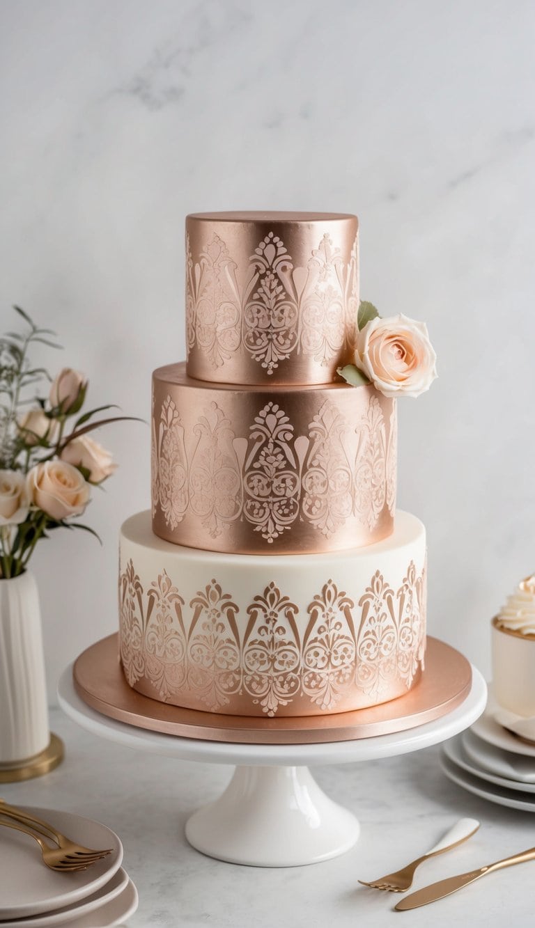 A rose gold cake stencil is used to create intricate patterns on an elegant and trendy rose gold birthday cake