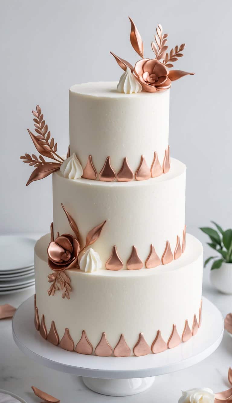 A white frosted cake adorned with rose gold modeling chocolate decorations