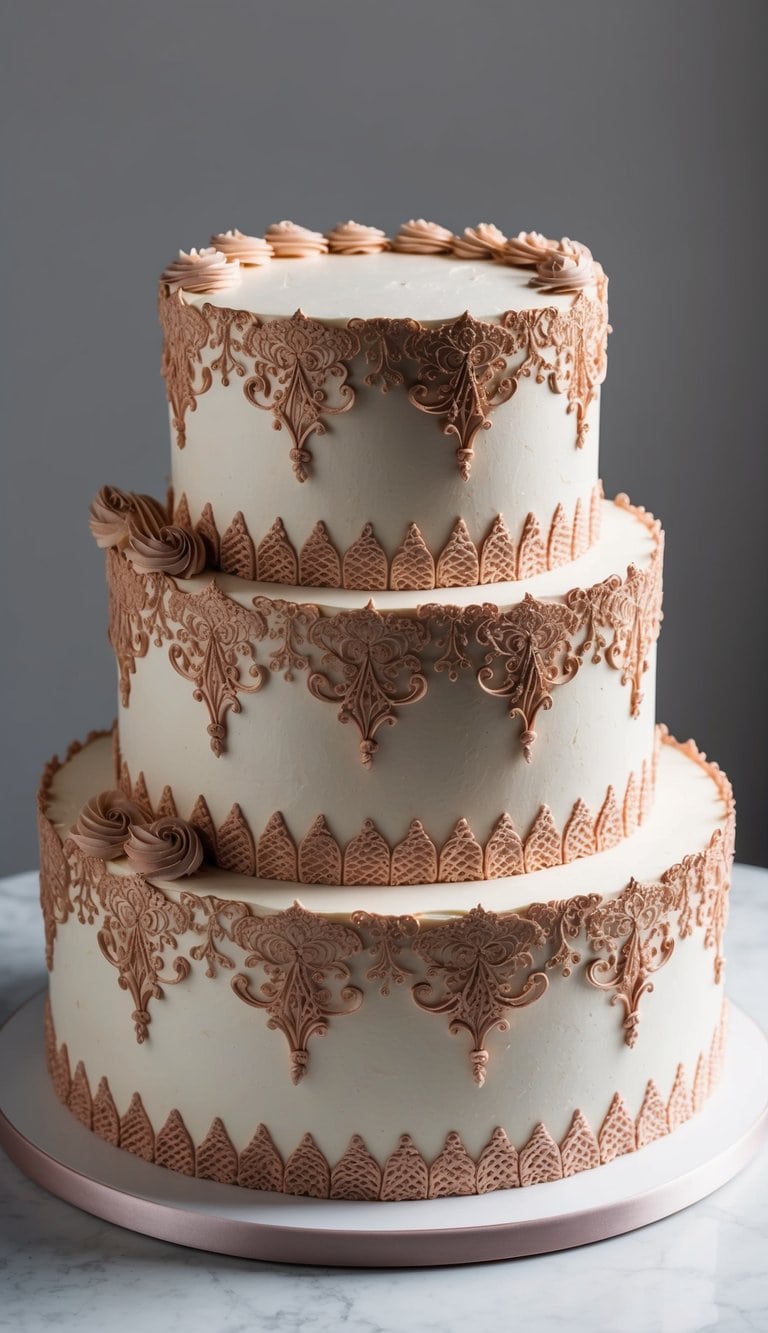Delicate lace patterns in rose gold icing adorn an elegant birthday cake