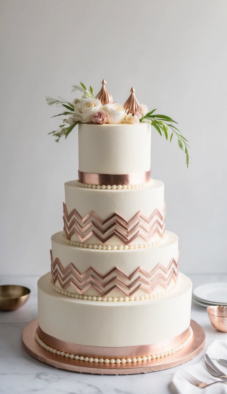 A tiered birthday cake adorned with rose gold chevron patterns and elegant decorations