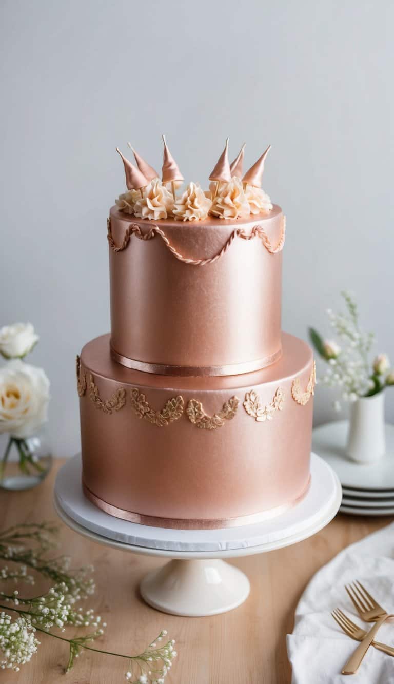 A rose gold birthday cake gleams with luster spray, adorned with elegant and trendy decorations