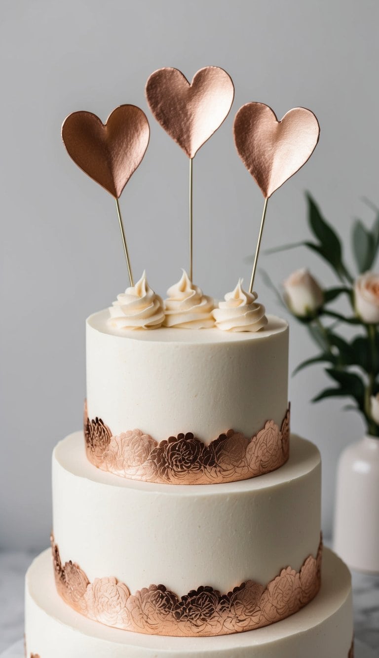 Rose gold heart-shaped toppers arranged on elegant birthday cake