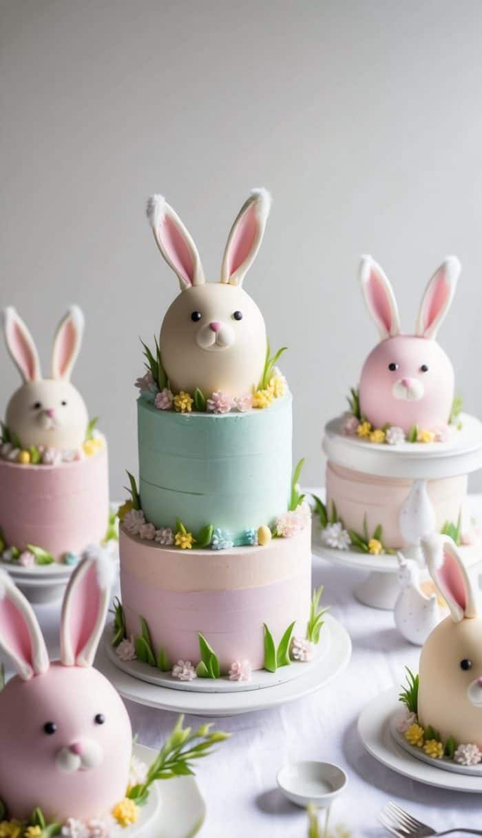A whimsical display of cakes shaped like rabbits with large ears and cute faces. The main cake is two-tiered in pastel green and pink, decorated with flowers and small eggs. Surrounding are additional smaller bunny cakes in similar pastel hues.