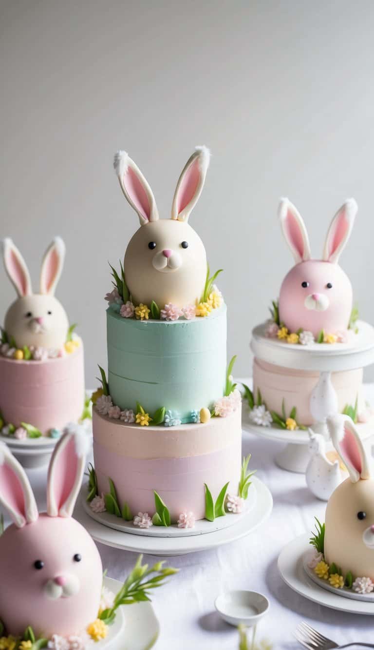 A table adorned with pastel-colored cakes shaped like bunnies, decorated with fluffy tails and ears, creating a whimsical springtime scene