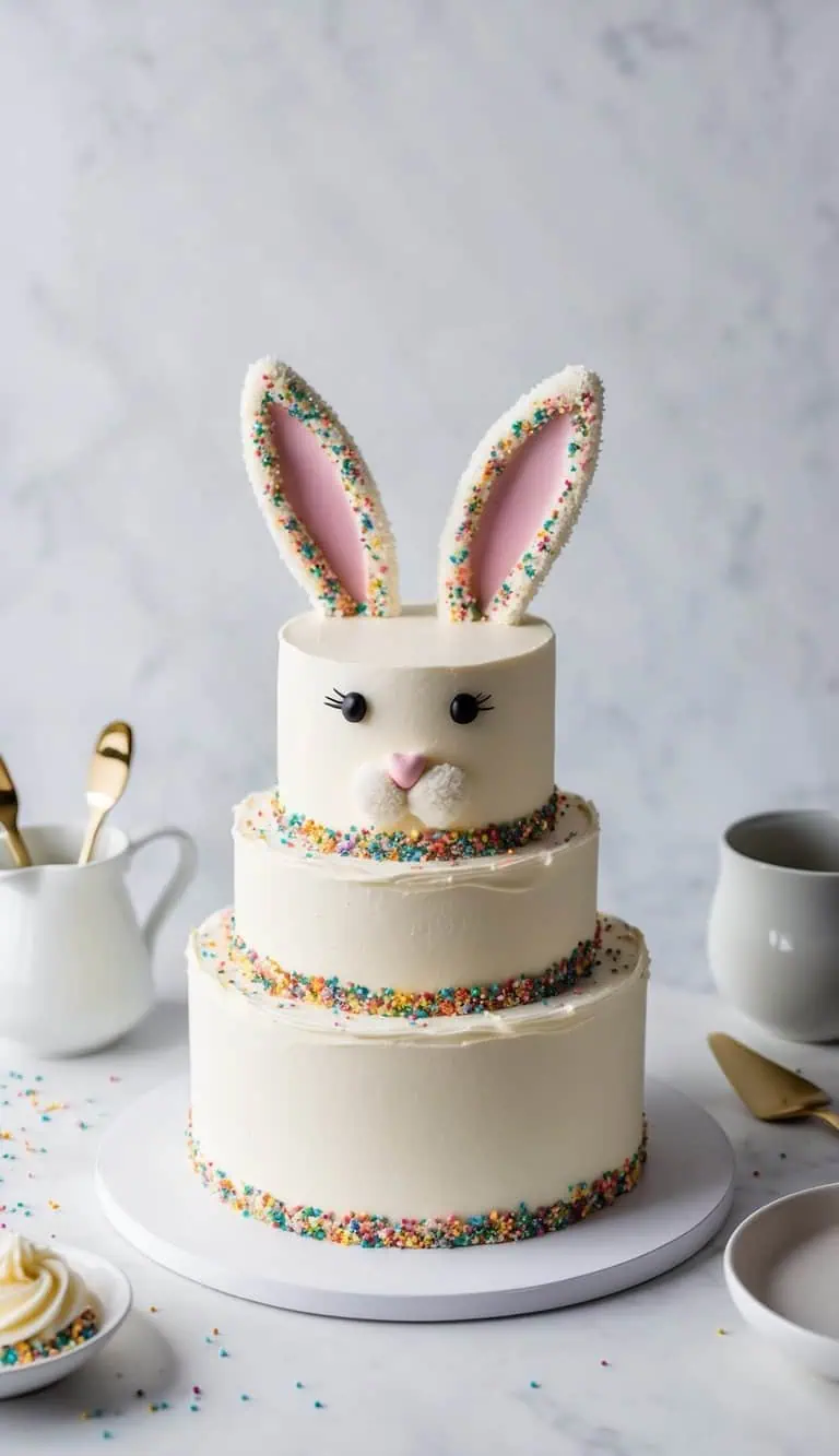 A bunny-shaped cake with fluffy tail and ears, decorated with rainbow sprinkles