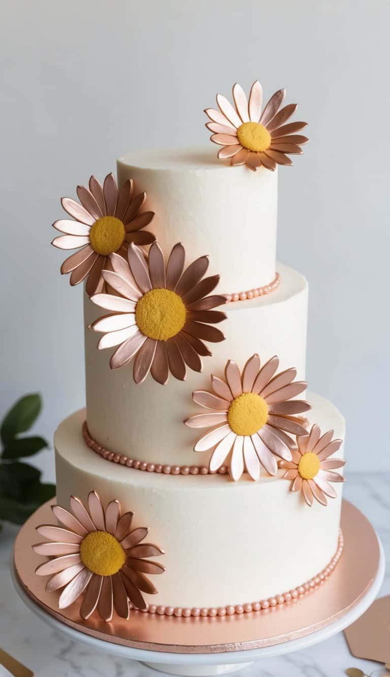 Rose gold sugar paste daisies adorn a birthday cake, adding an elegant and trendy touch to the celebration