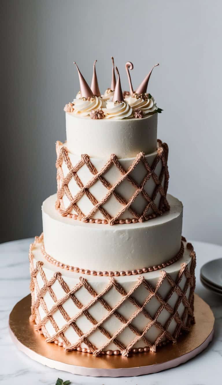 Intricate rose gold lattice adorns an elegant birthday cake