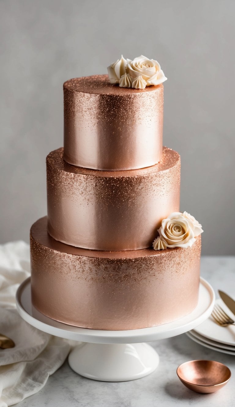 A rose gold cake adorned with edible glitter dust sparkles elegantly