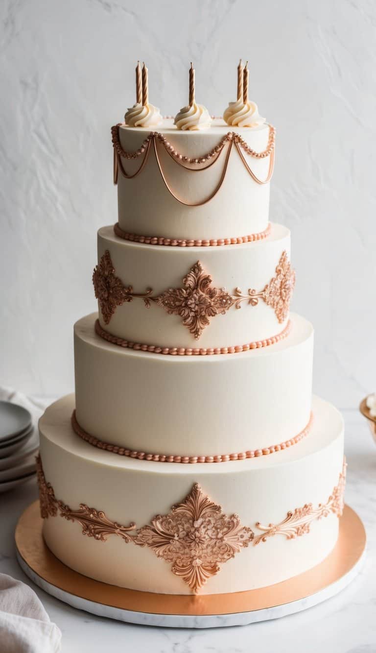 A three-tiered birthday cake with intricate rose gold piping and elegant detailing