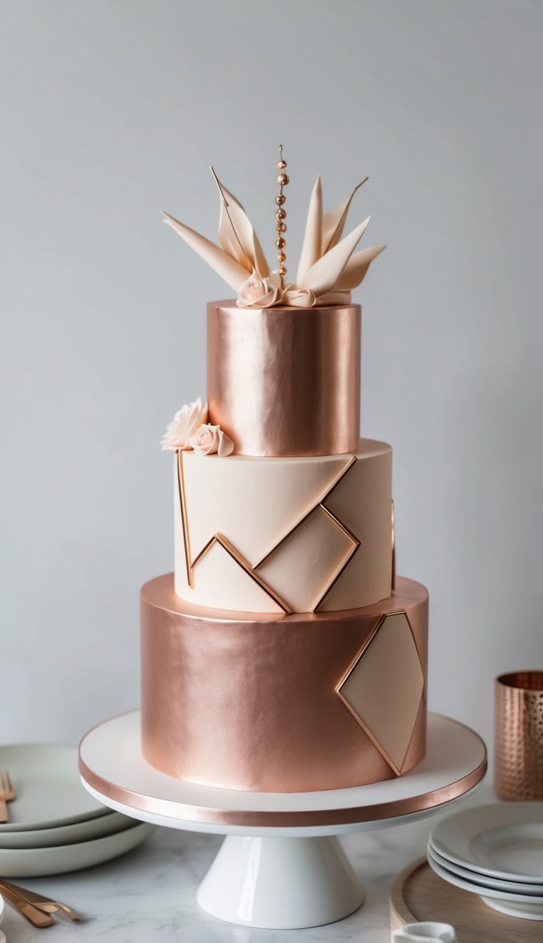 A rose gold birthday cake adorned with modern geometric shapes