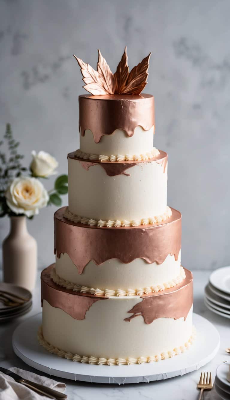 A three-tiered birthday cake adorned with rose gold edible paint highlights