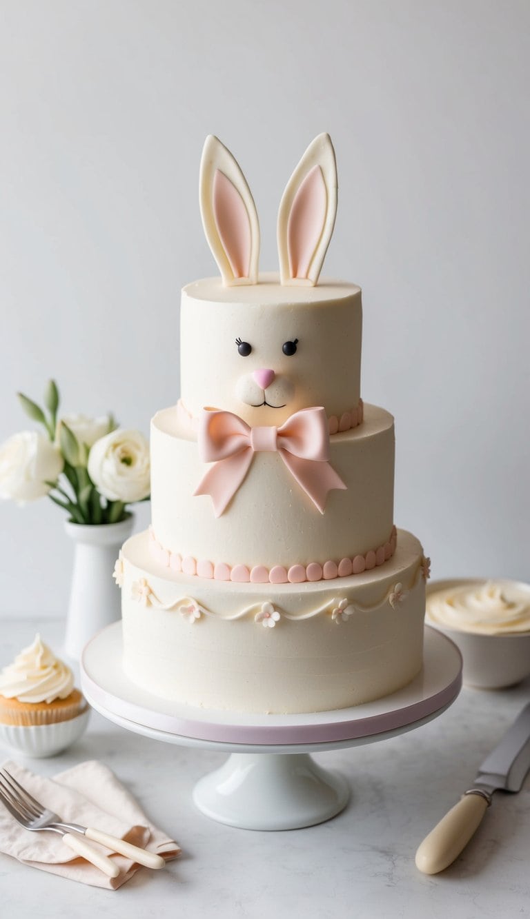 A bunny-shaped cake with a marzipan bow tie, fluffy tail, and ears