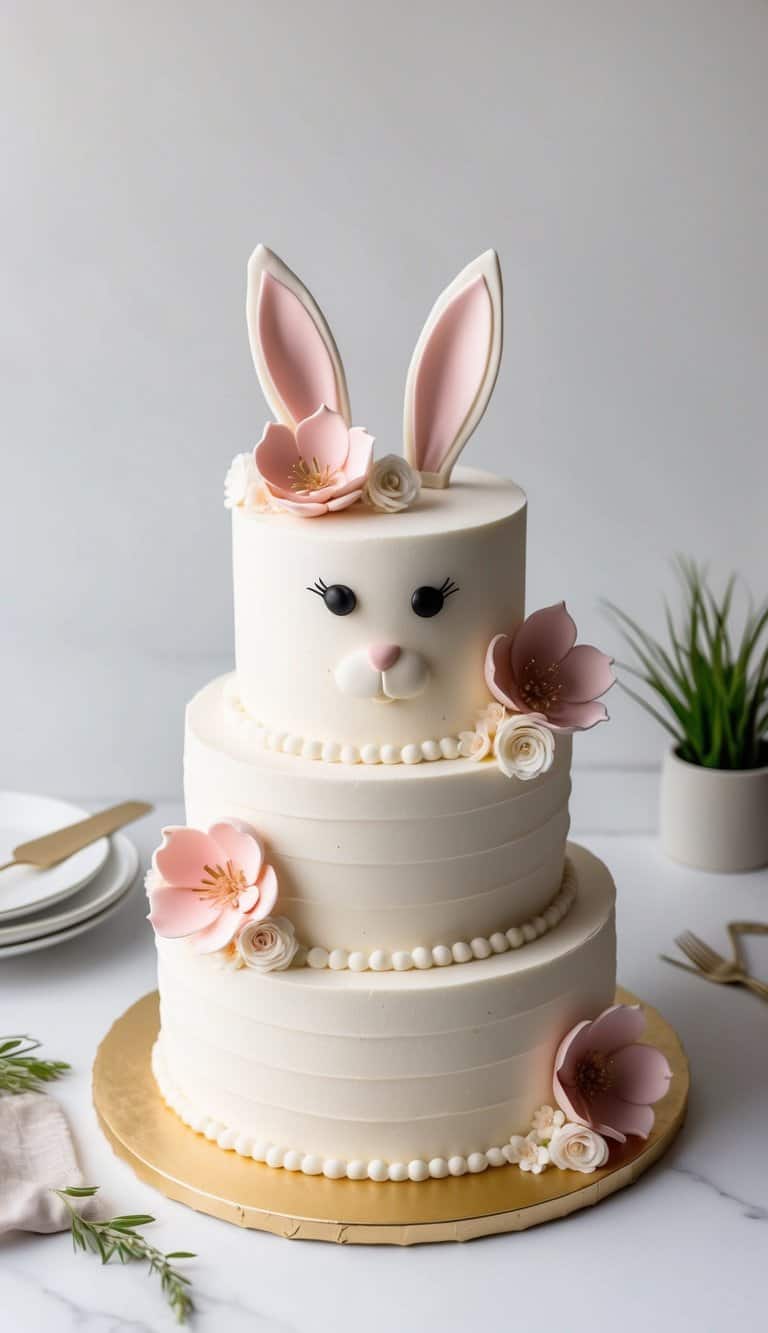A bunny-shaped cake decorated with fondant flowers and fluffy tail