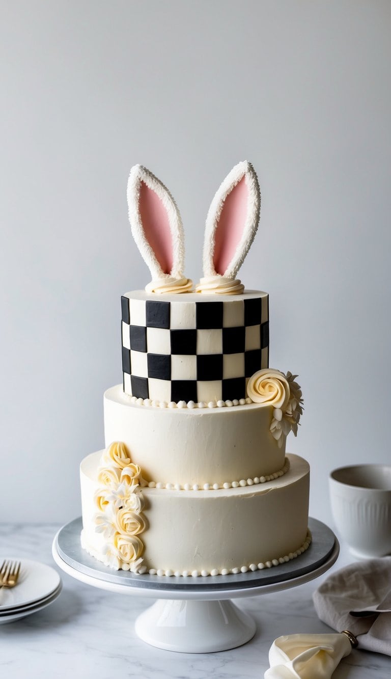 A checkerboard cake with bunny ears and a fluffy tail made of icing