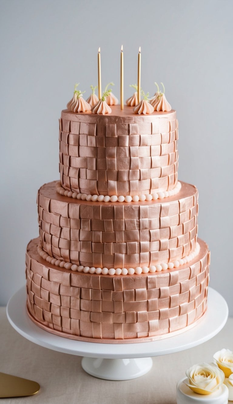 A rose gold birthday cake adorned with an intricate basket weave pattern
