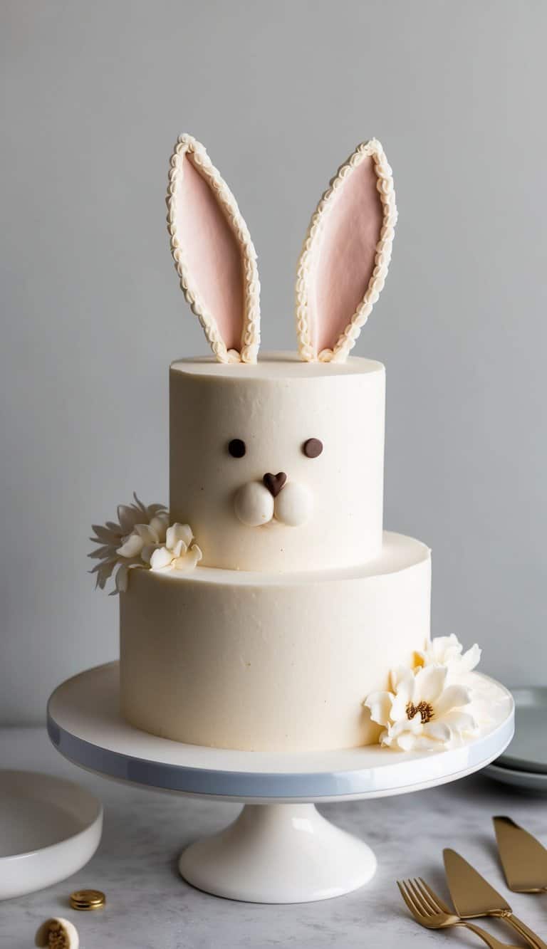 A bunny cake with chocolate chip eyes and fluffy tail