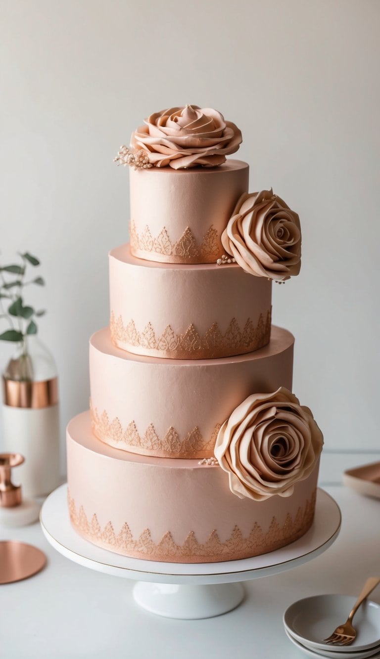 A rose gold rosette cake with elegant decorations