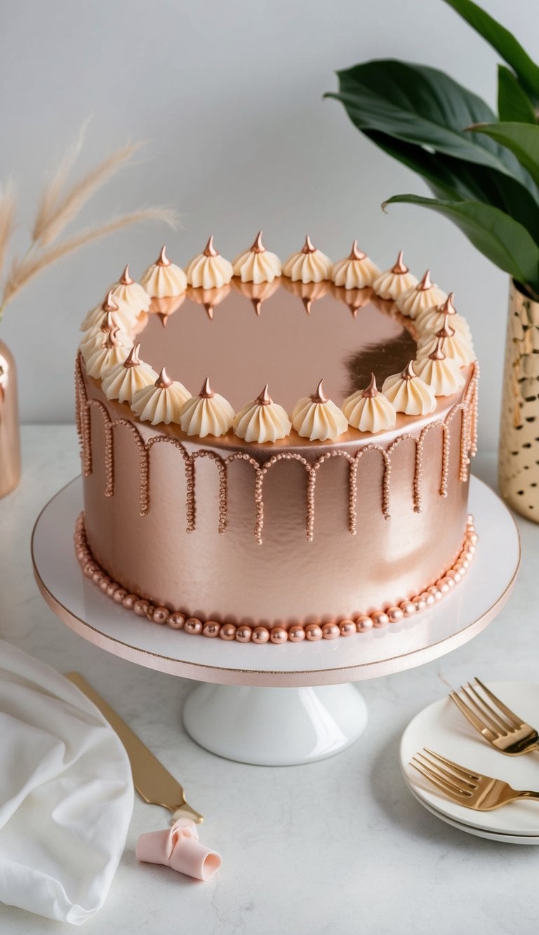 A round birthday cake with a rose gold mirror glaze, adorned with elegant and trendy rose gold decorations