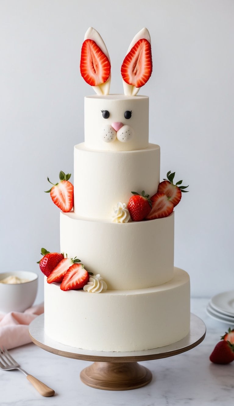 A bunny-themed cake with strawberry slices for ears and a fluffy tail