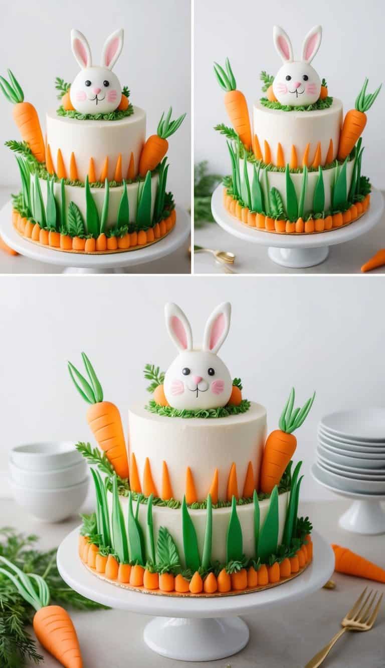 A whimsical carrot patch with fluffy-tailed bunny cakes surrounded by fondant carrots and greenery