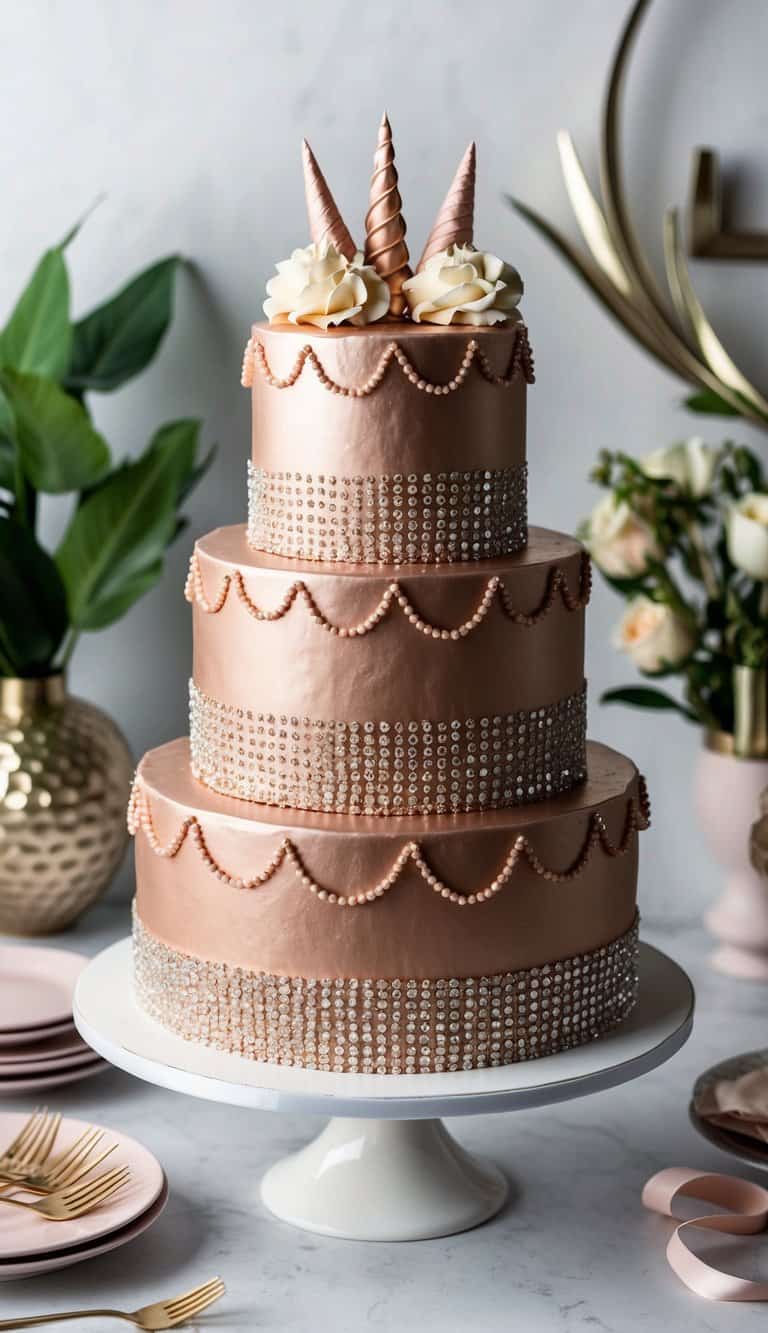 A three-tier rose gold birthday cake adorned with edible diamantes, set against a backdrop of elegant and trendy decor