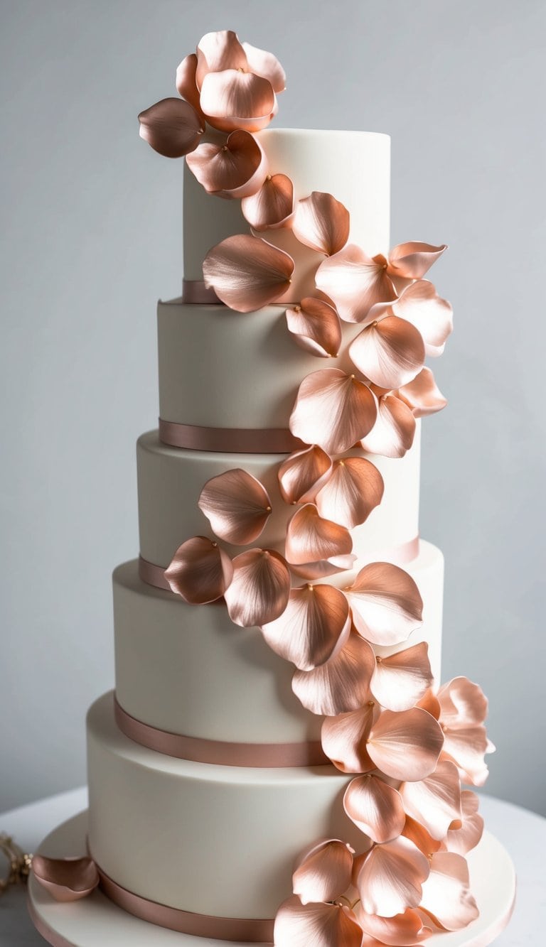 Rose gold petals cascade down an elegant birthday cake, creating a romantic and trendy feel