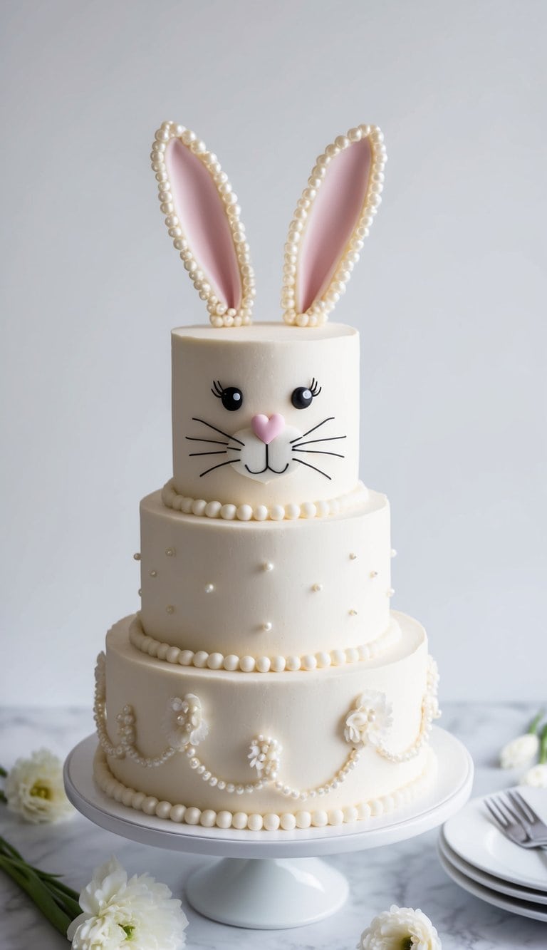 A bunny-themed cake adorned with edible pearls for an elegant touch, featuring fluffy tails and ears